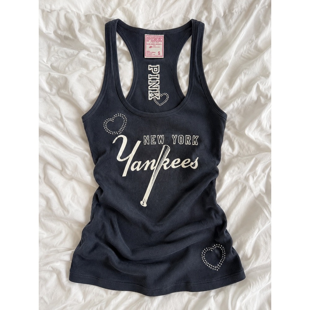 RARE PINK Victoria's Secret Tank Top Small Navy New York Yankees Rhinestone 2010